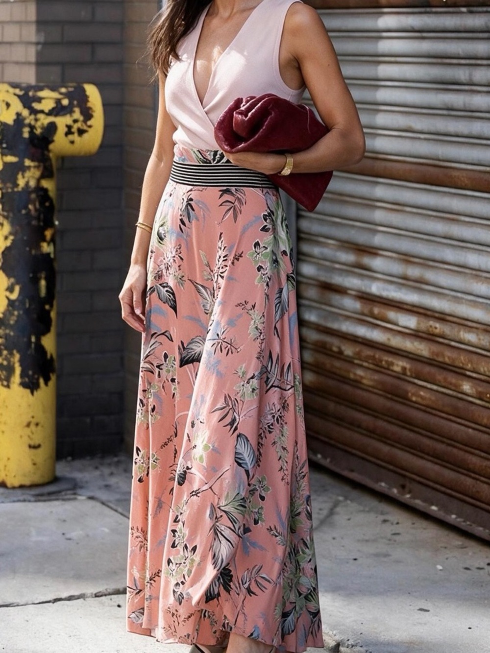 Diane Von Furstenberg Pink Floral Maxi Skirt with Contrasting Waistband